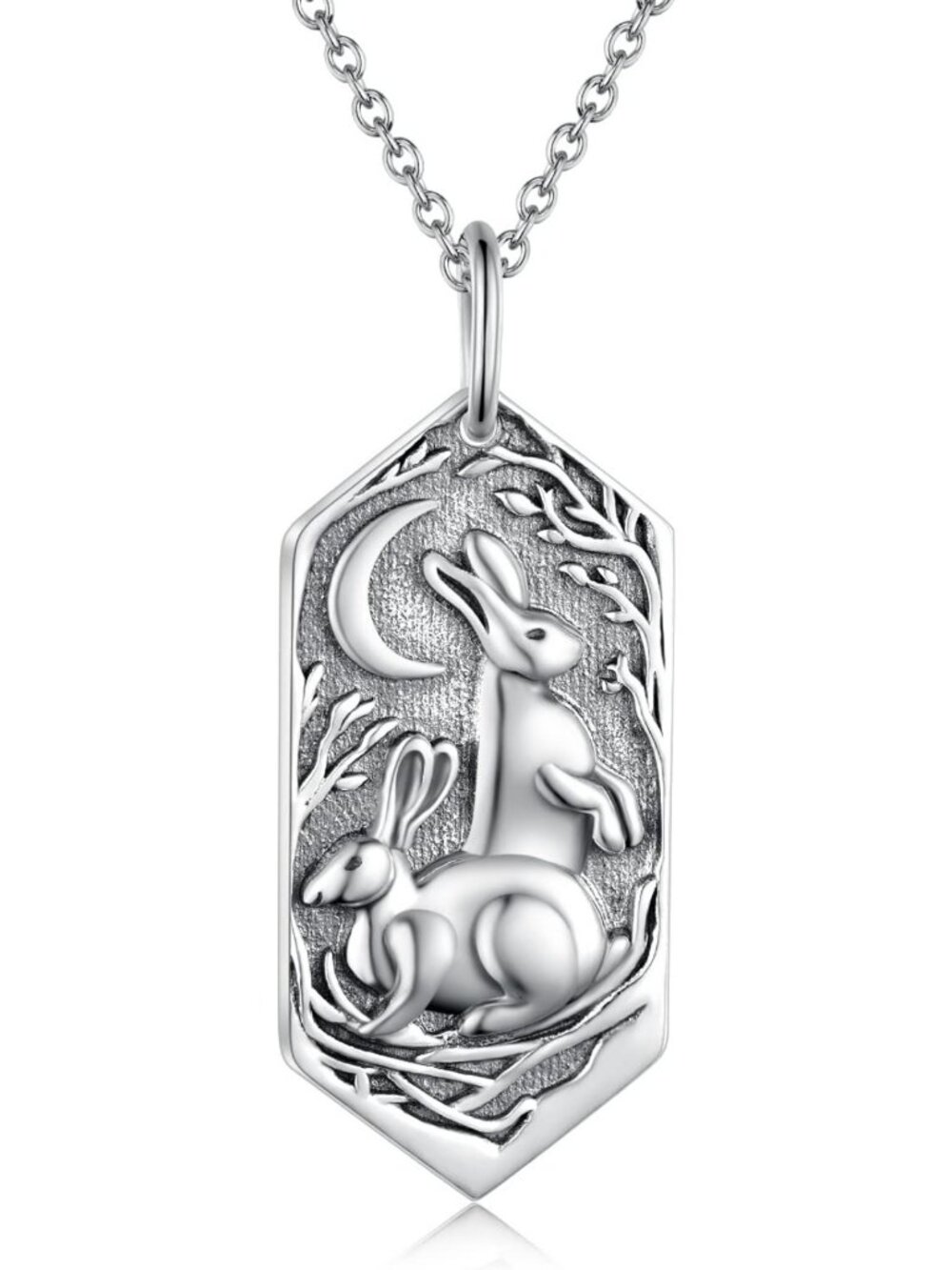 Vintage 925 Sterling Silver Double Rabbit Necklace - Moon Pendant Animal Jewelry